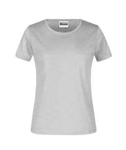 A grey women's T-shirt with a round neckline and short sleeves, featuring a logo.