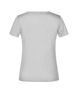 A grey women's t-shirt with short sleeves and a round neck, featuring a logo on the back.