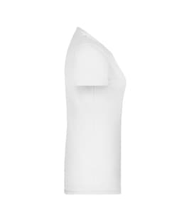 A white women's t-shirt with a fitted design, featuring short sleeves and a round neckline. It has a logo.