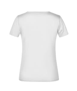 A plain white T-shirt with a crew neck and short sleeves, featuring a logo on the back.