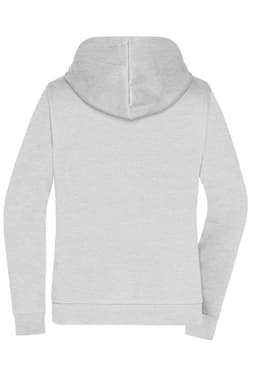 A grey ladies' zip hoodie with a hood and long sleeves, featuring a logo on the back.