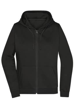 A black zip-up hoodie with a hood and front pockets, featuring a logo.