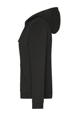A black zip hoodie for ladies with a front pocket and a hood. It features a logo on the garment.