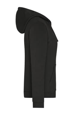 A black zip hoodie with a hood and side pockets, featuring a logo on the front.