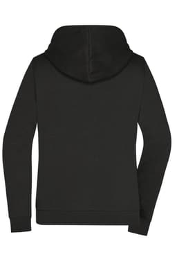 A black ladies zip hoodie featuring a hood and long sleeves, with a discreet logo on the back.
