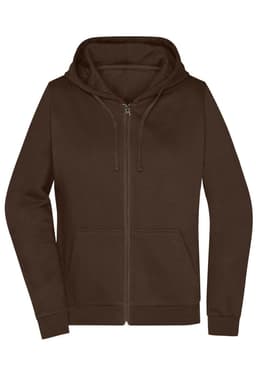 A brown zip hoodie with a hood and front pockets, featuring a logo on the chest.