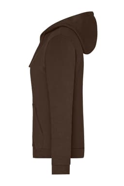 A brown ladies' zip hoodie with a hood and front pocket, featuring a logo on the chest.