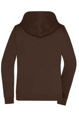 A brown ladies' zip hoodie featuring a hood and long sleeves, with a logo on the back.