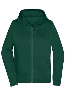 A dark green zip hoodie for ladies featuring a front pocket and a hood. It has a simple design with a logo.