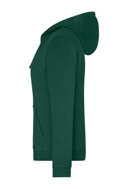 A green ladies' zip hoodie with a kangaroo pocket and a hood, featuring a logo on the front.