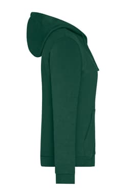 A green ladies zip hoodie featuring a hood and front pockets, with a branded logo.