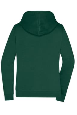 A green ladies' zip hoodie featuring a hood and long sleeves, with a logo on the back.