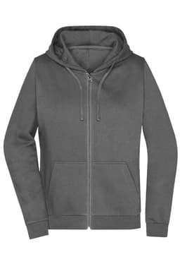 A grey zip hoodie featuring a front zipper, hood, and kangaroo pockets. It has a logo on the chest.