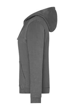 A grey ladies zip hoodie featuring a hood and a front pocket, with a logo present.