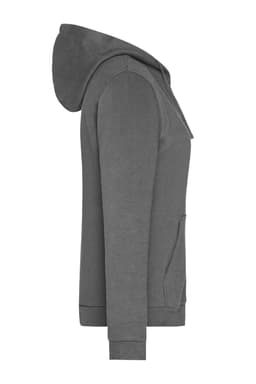 A grey ladies zip hoodie featuring a hood and front pockets, with a logo on one side.