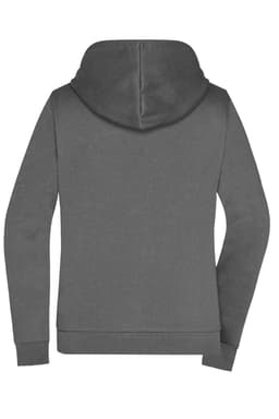 A grey ladies zip hoodie featuring a back view with a hood and a logo. Ideal for casual wear.
