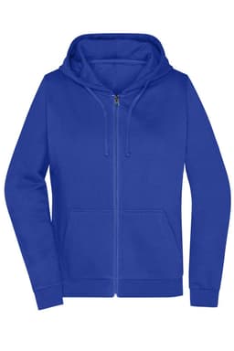 A blue zip-up hoodie featuring a front pocket and a hood. It includes a logo on the garment.