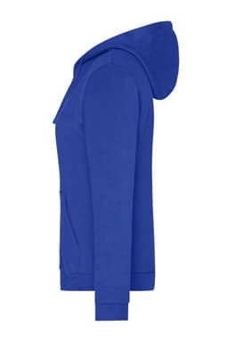 A blue ladies' zip hoodie featuring a hood and a front pocket, with a logo on it.