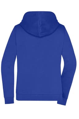A blue zip hoodie featuring a hood and long sleeves, with a logo on the back.