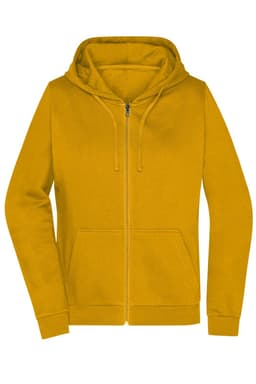 A mustard yellow ladies zip hoodie with a front pocket and a hood, featuring a branding logo.