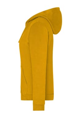 A yellow ladies' zip hoodie with a hood and side pockets, featuring a logo.