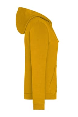 A yellow ladies' zip hoodie with a front pocket and a hood, featuring a logo.
