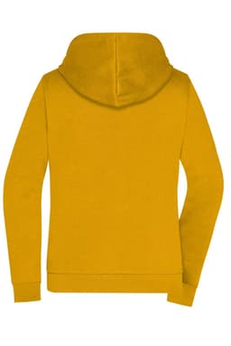 A yellow ladies zip hoodie with a hood and long sleeves, featuring a plain back and no visible logos.