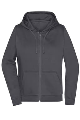 A zip-up hoodie in dark grey featuring a hood and a front pocket, with a logo on it.