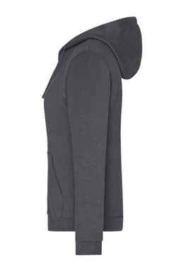 A grey ladies zip hoodie featuring a front pocket and a hood. The garment has a branded logo.