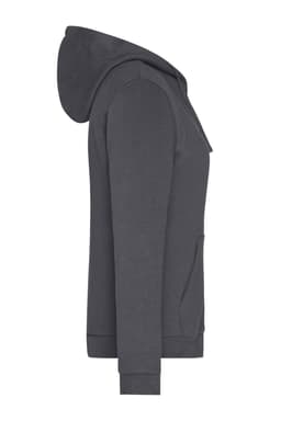 A grey zip hoodie featuring a hood and front pocket, with a branded logo.