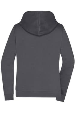 A grey ladies zip hoodie with a hood and long sleeves, featuring a branding logo on the back.