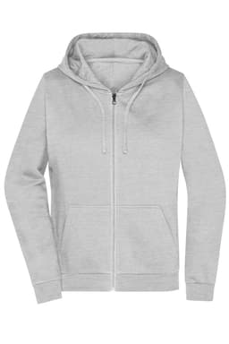 A grey zip hoodie featuring a hood and front pockets, designed for ladies with a subtle branding logo.