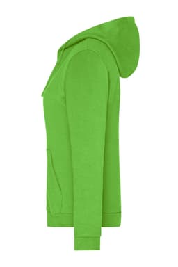 A green ladies zip hoodie featuring a hood and side pockets, with a logo present on the garment.