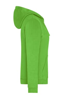 A green ladies zip hoodie featuring a hood and side pockets, with branding visible.