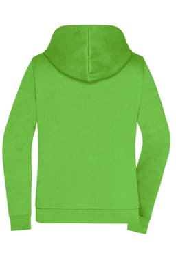 A vibrant green ladies zip hoodie featuring a hood and long sleeves, with a logo on the back.