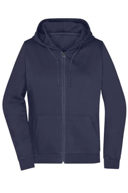 A navy blue ladies' zip hoodie featuring a front pocket and a hood, with a brand logo on it.