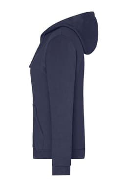 A navy ladies zip hoodie featuring a hood and front pockets, with a branding logo on the side.