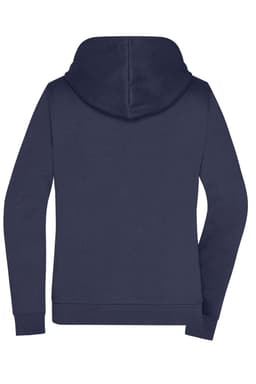 A navy ladies zip hoodie with a hood and long sleeves, featuring a logo on the back.