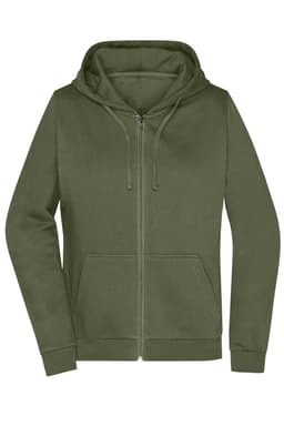 An olive green ladies zip hoodie with a front pocket and a drawstring hood. It features a logo.