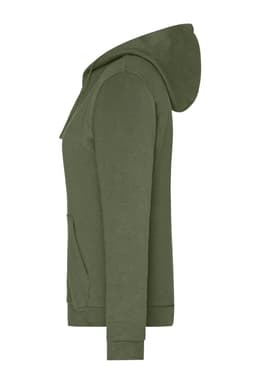 A ladies' zip hoodie in olive green, featuring a hood and a front pocket, with a logo on it.
