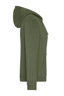 A green ladies zip hoodie featuring a hood, long sleeves, and a kangaroo pocket. It has a logo on the front.
