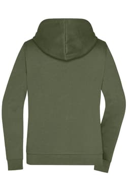 A women's zip hoodie in olive green with a back view, featuring a hood and long sleeves. It has a logo.
