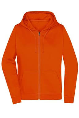 An orange zip hoodie with a front pocket and an attached hood. It has a logo on the front.