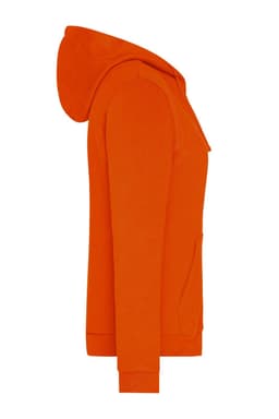 An orange ladies' zip hoodie with a hood and a front pocket, featuring a logo.