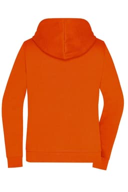 An orange ladies zip hoodie with a hood and long sleeves, featuring a logo on the back.
