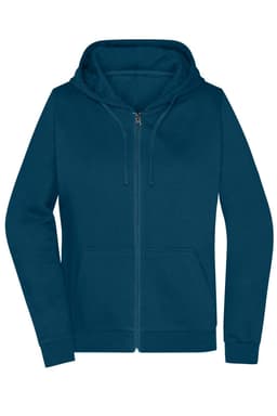 A teal zip hoodie with a front pocket and a hood, featuring a logo on the chest area.