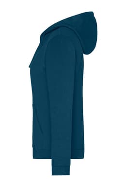 A ladies' zip hoodie in a deep blue colour, featuring a hood and front pocket, with a logo.