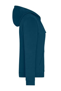 A teal ladies zip hoodie featuring a hood and front pockets, with a logo present on the garment.