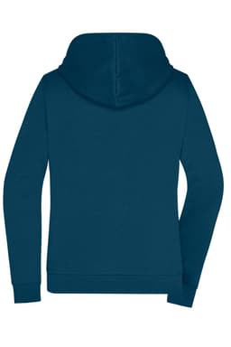 A ladies' zip hoodie in a rich navy blue with a hood and long sleeves, featuring a logo on the back.