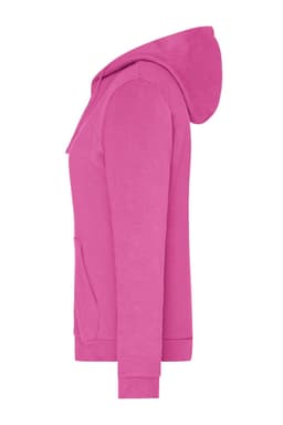 A pink ladies zip hoodie with a hood and side pockets. The hoodie has a simple design and features a logo.